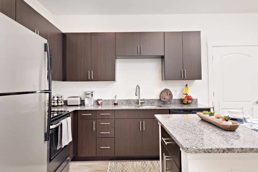 Succulents are beautiful plants that add a bit of flair to your kitchen in Echo Park Bloomington Apartments. A kitchen with succulent plants on a counter in Echo Park Bloomington Apartments.