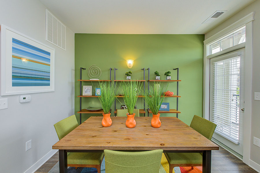 Get creative and incorporate some unique elements into your dining room like this one at Lakeside Apartments of Carmel. Apartment dining room with distinctive design elements