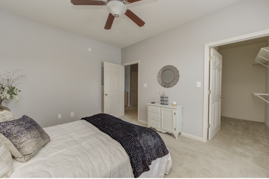 Model bedroom in a West Lafayette apartment.