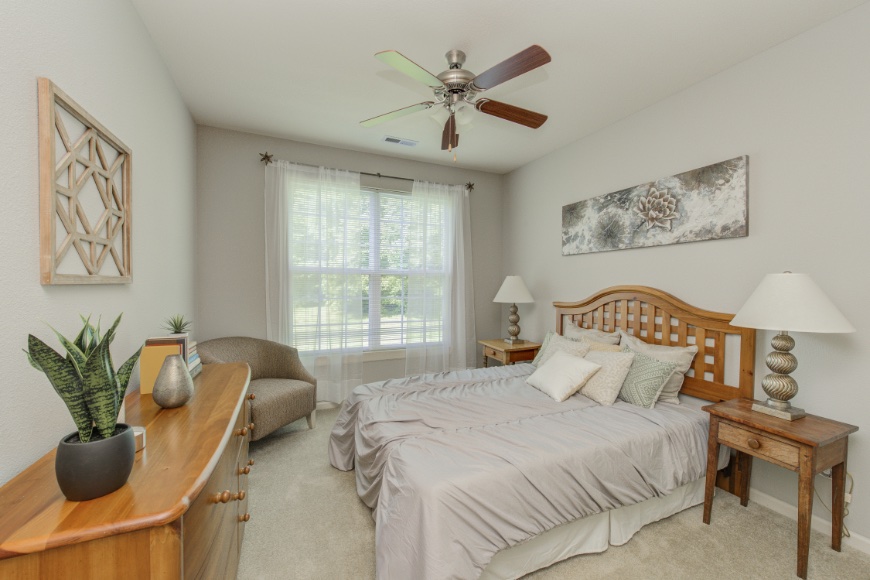 Model bedroom in a West Lafayette apartment.