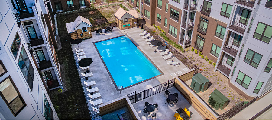 High view of the pool community area within the Continuum apartments