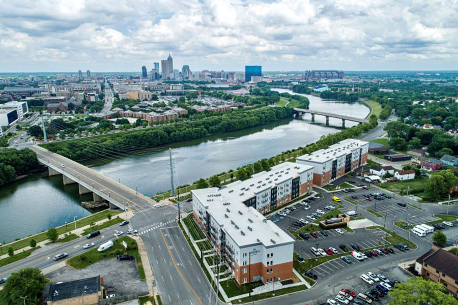 Enjoy delicious food and fun with friends and family when you choose an urban apartment community like the one at Riverview Apartments Birdeye view of Riverview apartments in downtown Indy.