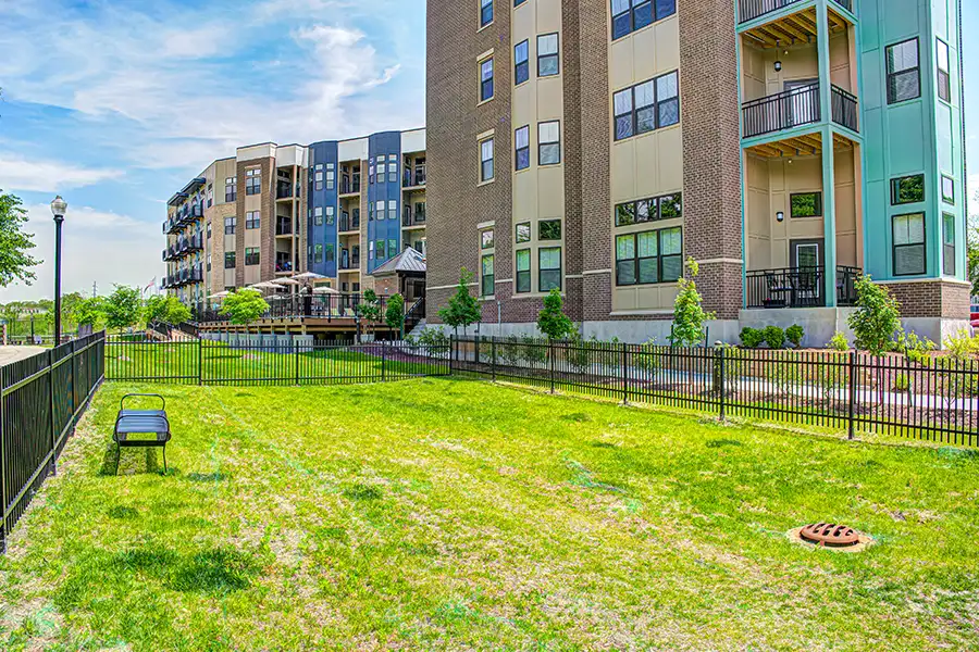 A dog park like the one at East Bank Noblesville Riverside Apartments gives you a clue that a community has pet-friendly policies. Dog park at East Bank Noblesville Riverside Apartments