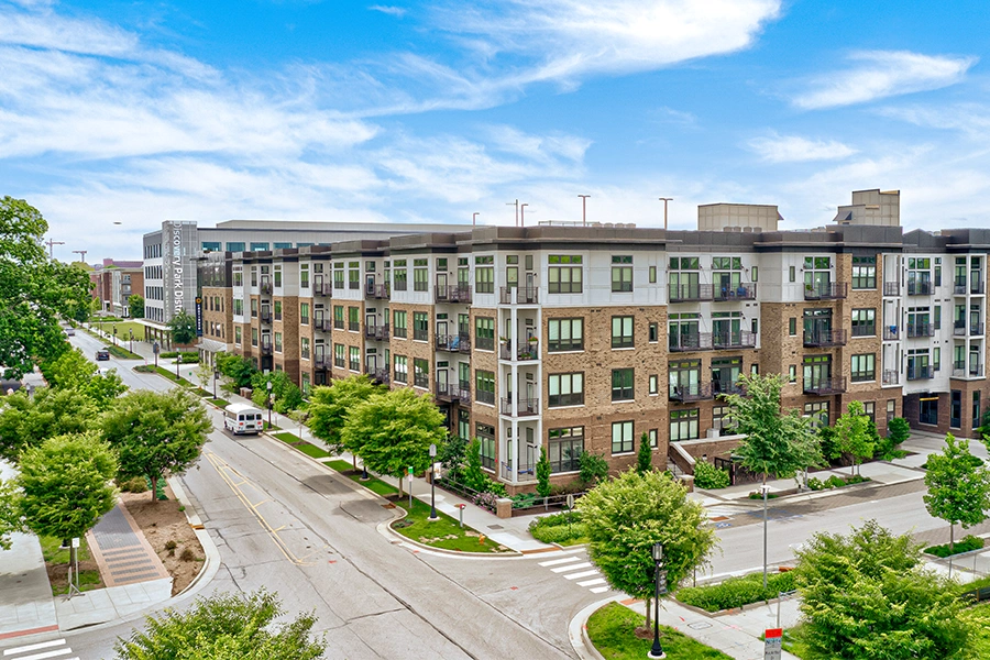 Exterior view of Continuum Apartments and surrounding streets